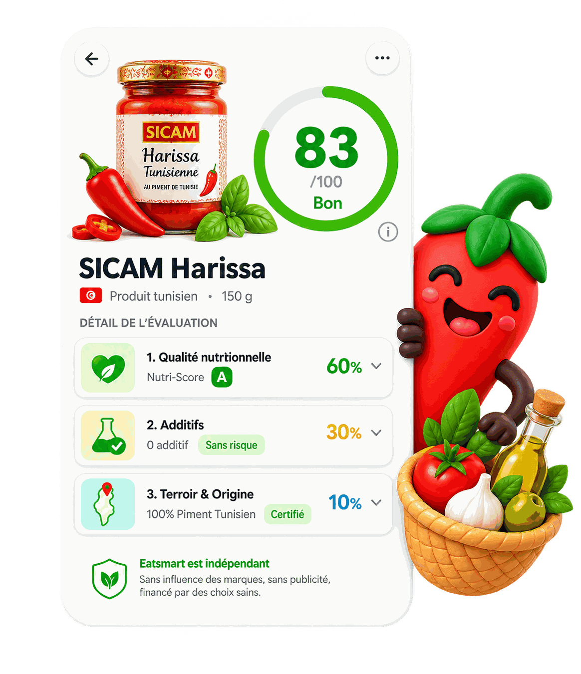 Fiche d'analyse détaillée d'un pot de Harissa SICAM avec score de 83 sur 100