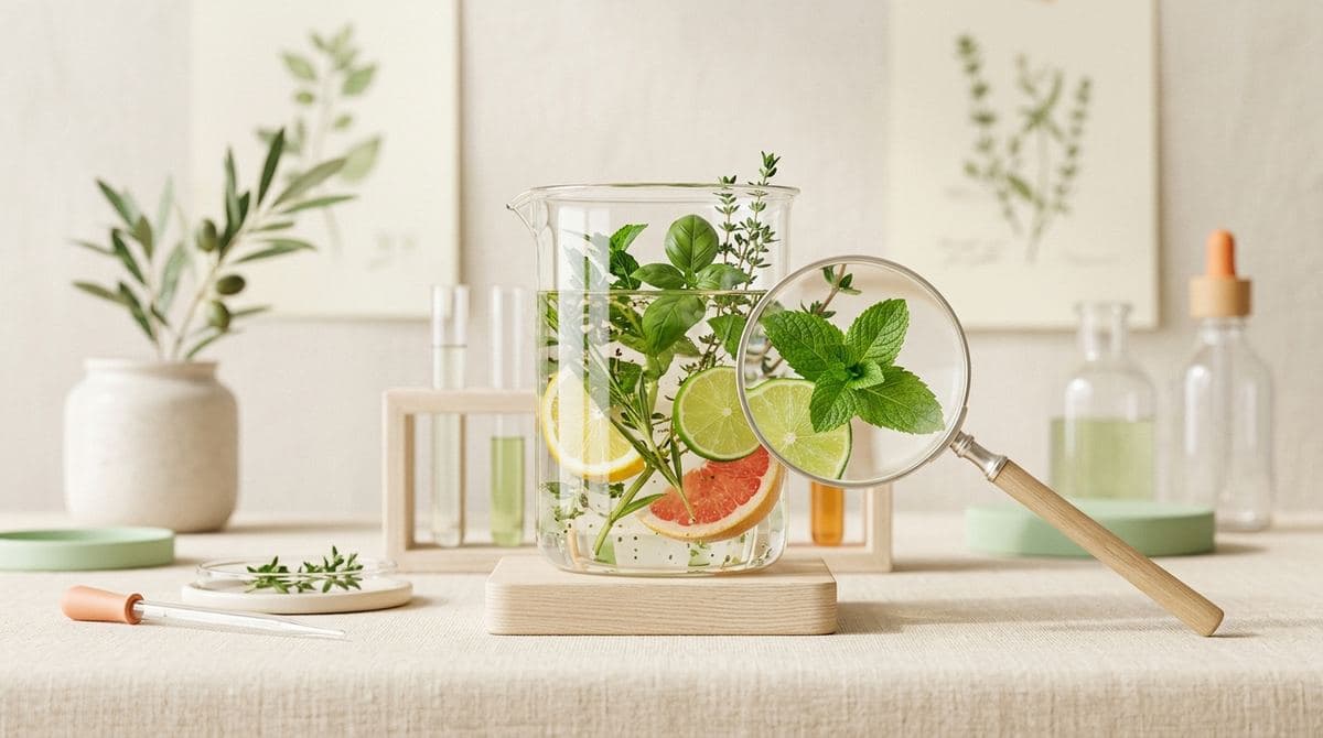 Un bécher d'herbes et d'agrumes observé à la loupe