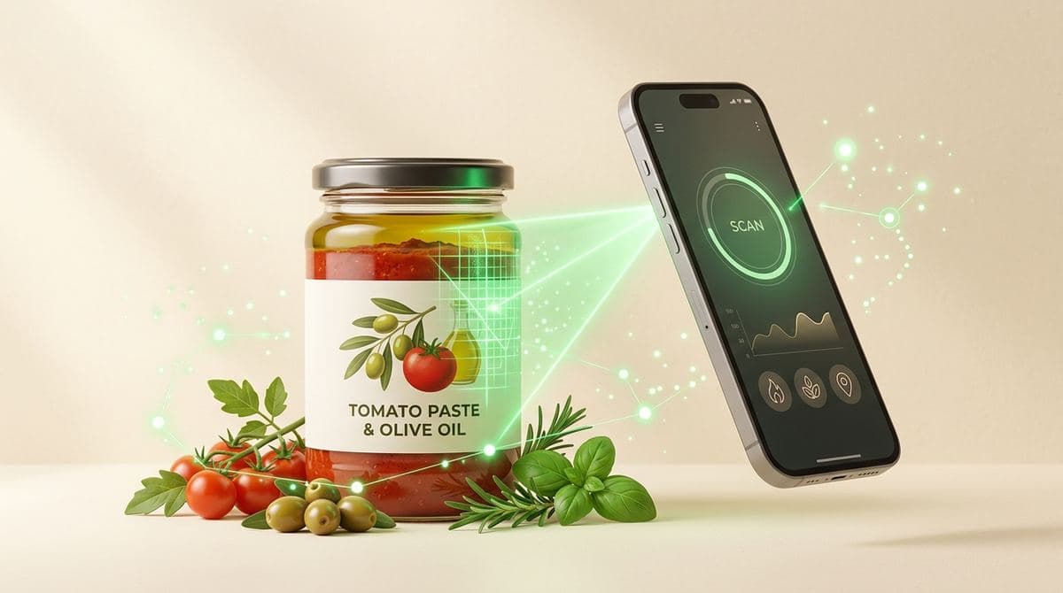 Un téléphone scanne un pot de tomates et d'huile d'olive