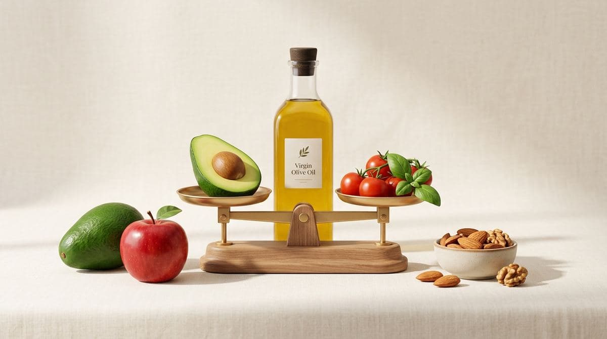 Une balance avec de l'huile d'olive, un avocat, une pomme et des amandes